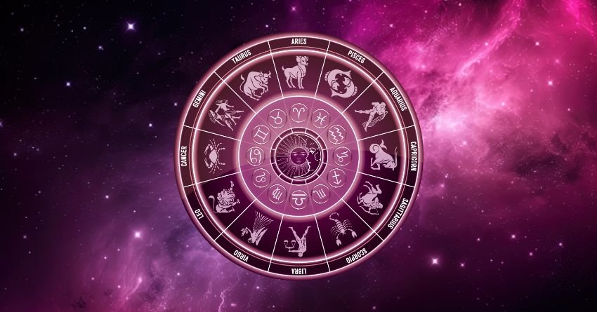 Glowing pink zodiac wheel surrounded by vibrant purple and magenta cosmic energy