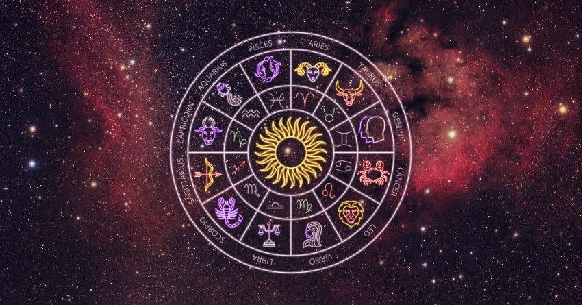 Golden zodiac wheel surrounded by dark purple and red cosmic clouds with glowing celestial energy