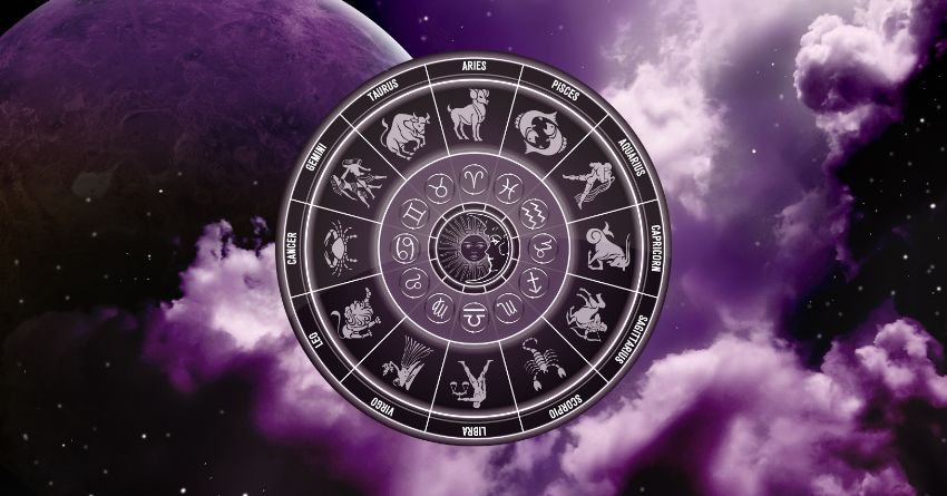 Silver zodiac wheel surrounded by swirling purple cosmic clouds against a dark background