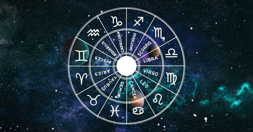 Glowing blue zodiac wheel surrounded by teal cosmic energy on a dark background