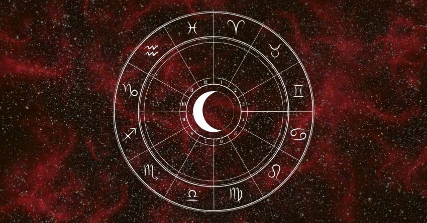 Dark red zodiac wheel surrounded by swirling red cosmic energy and glowing celestial details