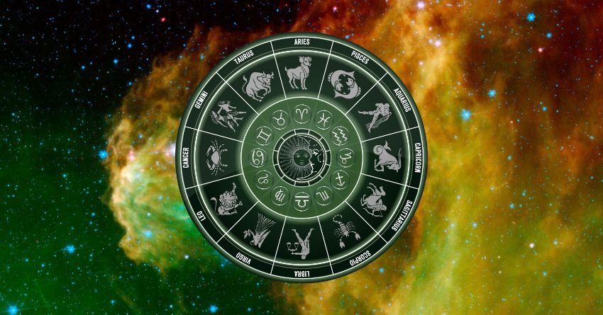 Green zodiac wheel surrounded by glowing orange and yellow cosmic energy