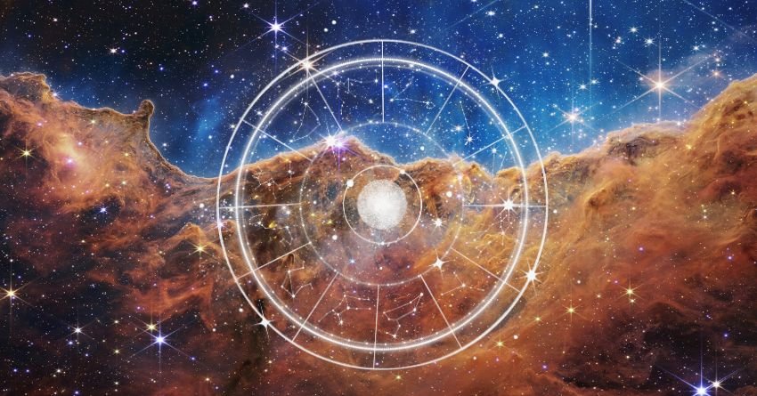 Glowing zodiac wheel surrounded by golden orange and blue cosmic clouds with radiant celestial light