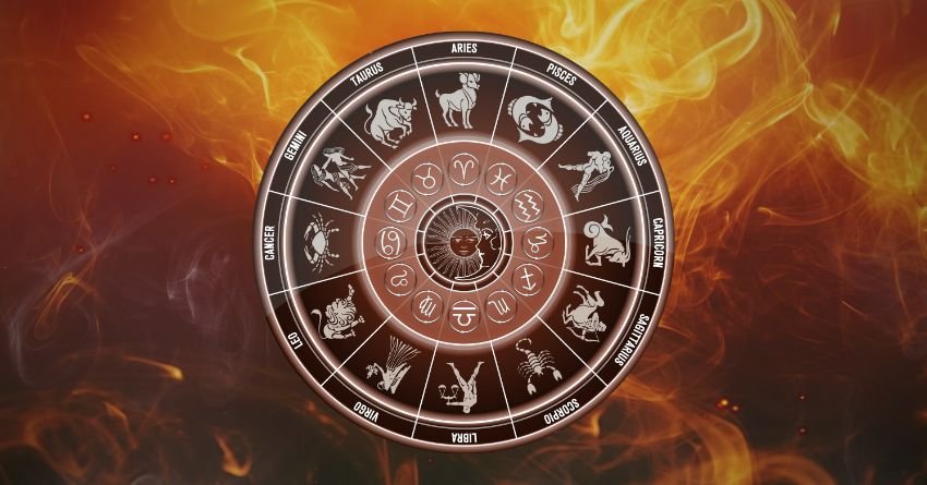 Dark orange zodiac wheel surrounded by fire