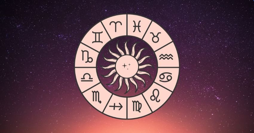 Glowing beige zodiac wheel on a dark purple cosmic background with soft celestial light