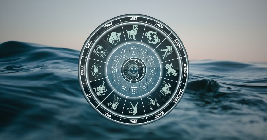 Light blue zodiac wheel surrounded by waves