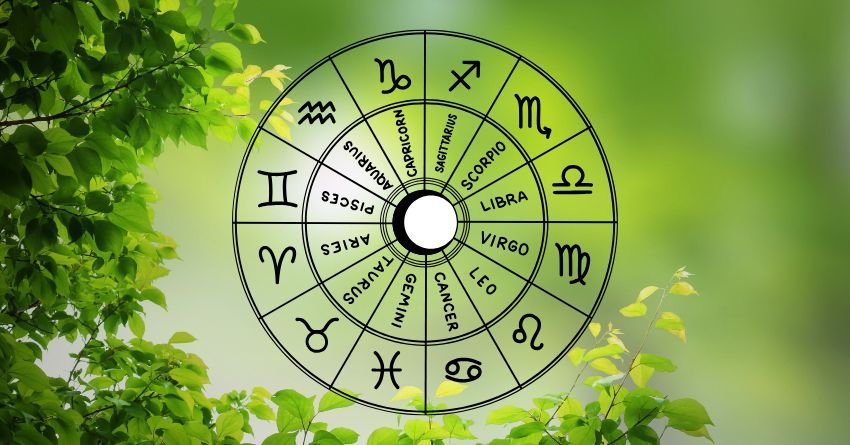 Green zodiac wheel surrounded by bright leaves and soft natural light