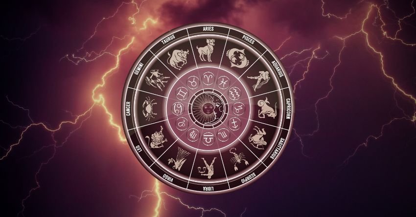 Astrological zodiac wheel surrounded by purple and red cosmic energy and lightning