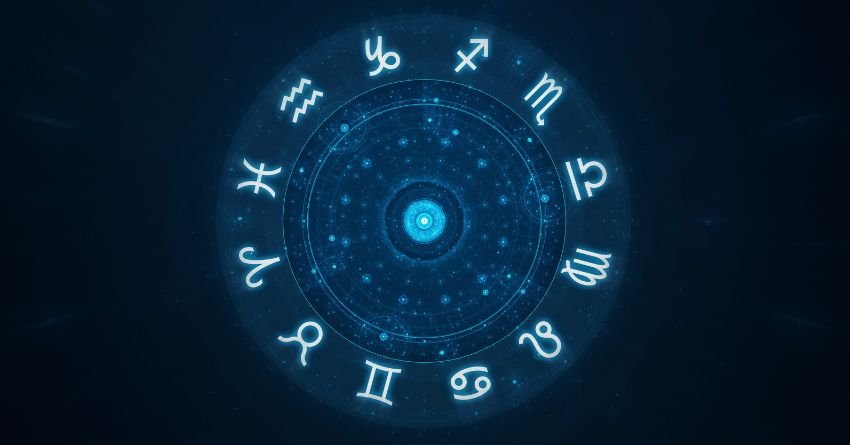Glowing blue zodiac wheel with luminous astrological symbols against a dark cosmic background