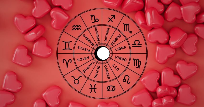 Pink zodiac wheel surrounded by scattered heart shapes on a soft romantic background, symbolizing emotional change and an approaching turning point