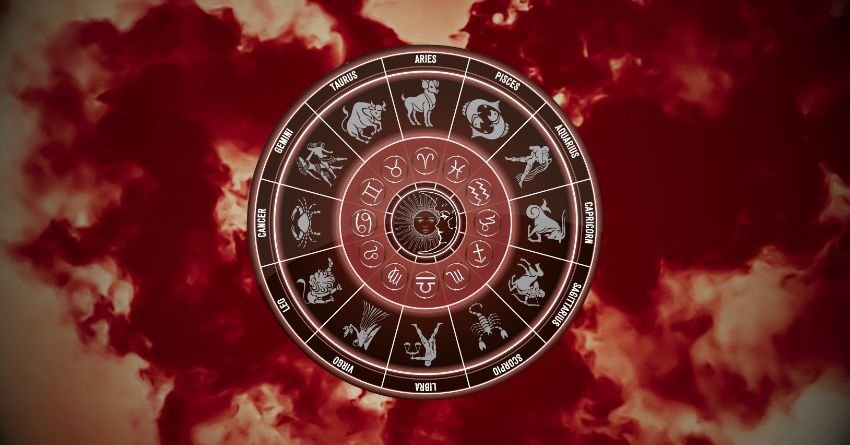 Glowing silver zodiac wheel surrounded by deep red cosmic clouds and dark celestial energy