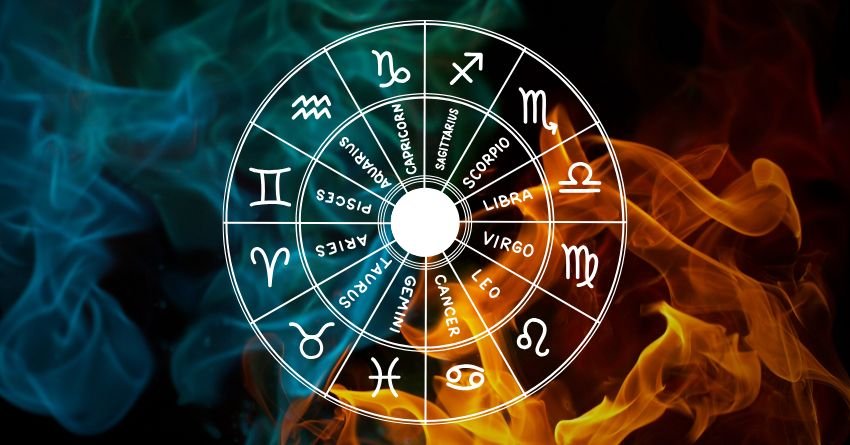 Glowing zodiac wheel surrounded by turquoise blue and fiery orange cosmic energy